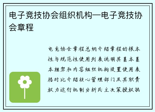 电子竞技协会组织机构—电子竞技协会章程